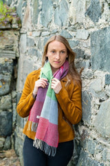 Green and Smoke Check Lambswool Scarf - McNutt of Donegal - on model