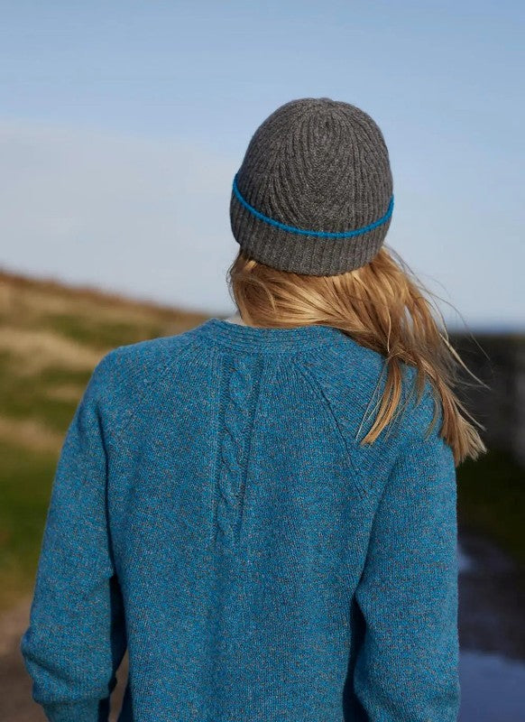 Herringbone Rib Stitch Hat with Tipping Stripe - Grey and Sky - Fisherman Out of Ireland - back