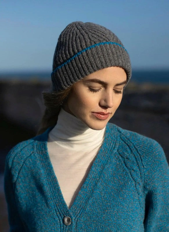 Herringbone Rib Stitch Hat with Tipping Stripe - Grey and Sky - Fisherman Out of Ireland - on model