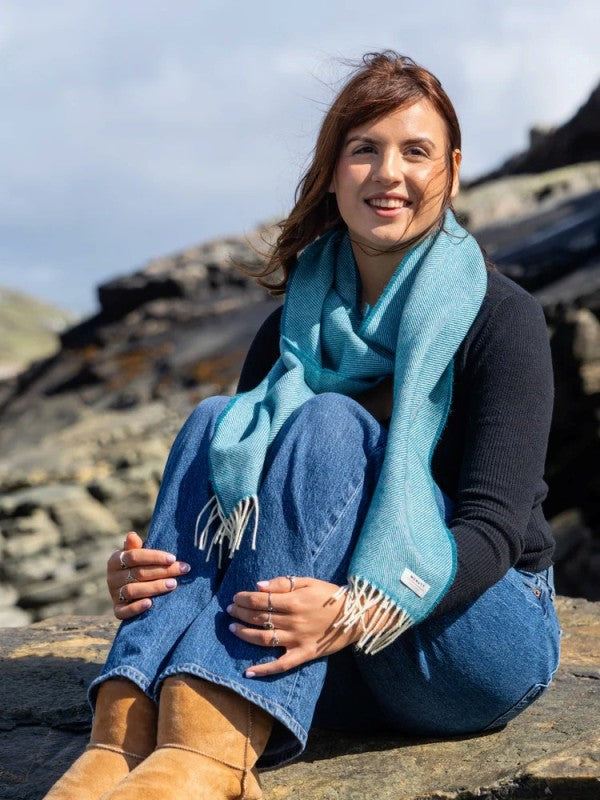 Herringbone Lambswool Scarf - Kingfisher - McNutt of Donegal - on model
