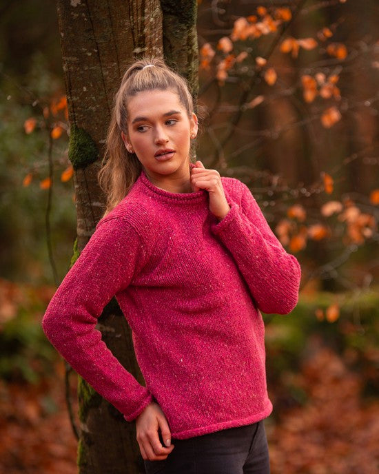 Ladies Roll neck jumper – Speckled pink – Rossan Knitwear - on model