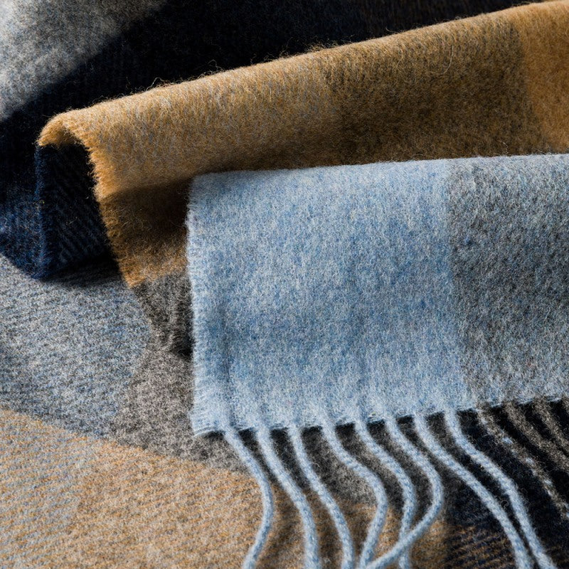 Lambswool Scarf - Beige, Grey, Blue, Silver and Navy Block Check - John Hanly - detail