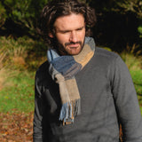 Lambswool Scarf - Beige, Grey, Blue, Silver and Navy Block Check - John Hanly - on model