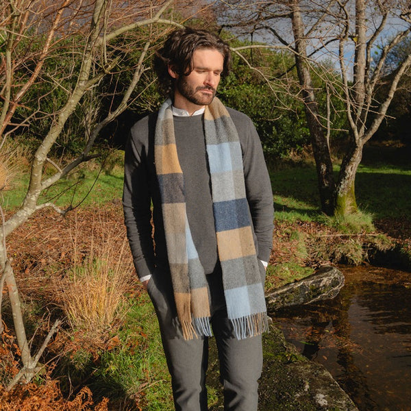Lambswool Scarf - Beige, Grey, Blue, Silver and Navy Block Check - John Hanly - on model