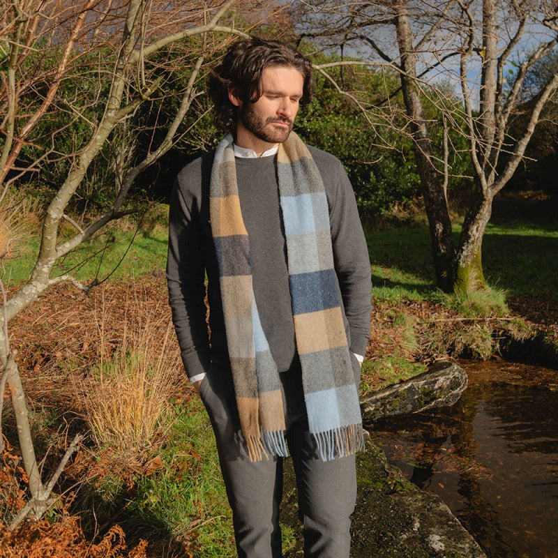 Lambswool Scarf - Beige, Grey, Blue, Silver and Navy Block Check - John Hanly - on model