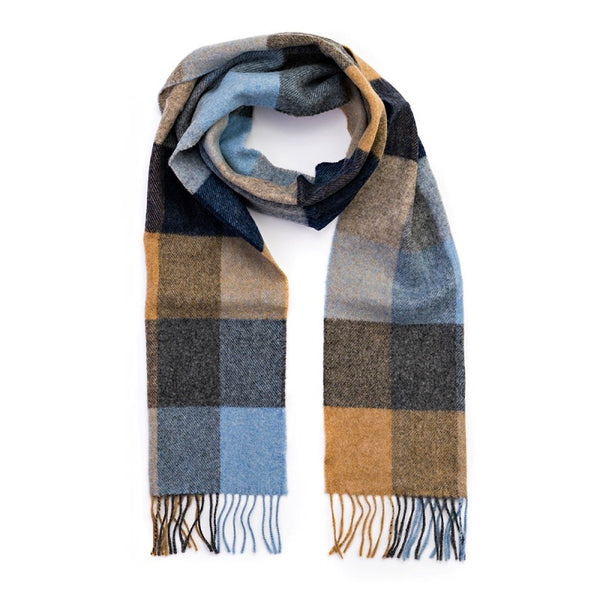 Lambswool Scarf - Beige, Grey, Blue, Silver and Navy Block Check - John Hanly