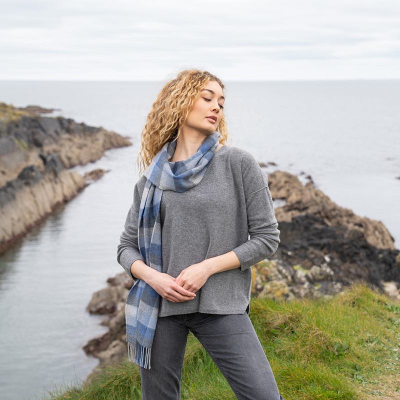 Lambswool Scarf - Blue and Grey Block Check - John Hanly - on model 2