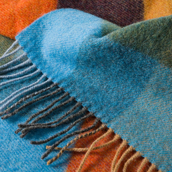Lambswool Scarf - Mustard, Green, Blue, Orange and Blackberry Check - John Hanly - detail