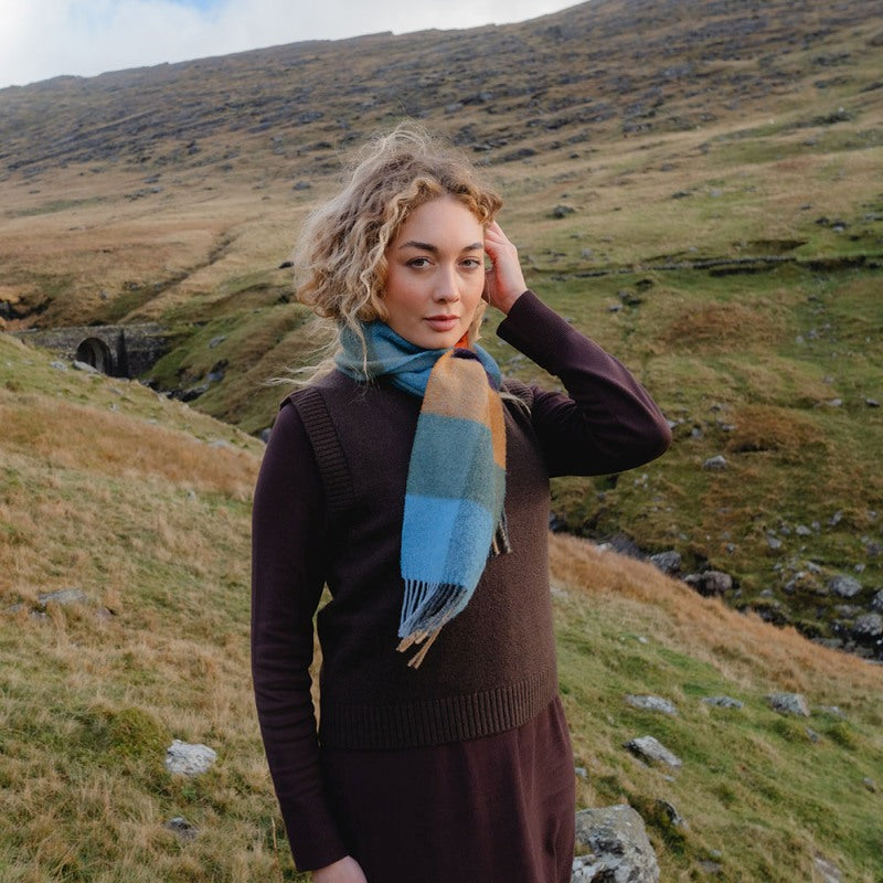 Lambswool Scarf - Mustard, Green, Blue, Orange and Blackberry Check - John Hanly - on model