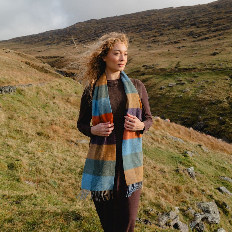 Lambswool Scarf - Mustard, Green, Blue, Orange and Blackberry Check - John Hanly - on model
