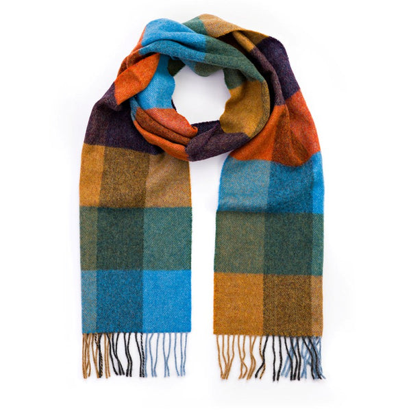 Lambswool Scarf - Mustard, Green, Blue, Orange and Blackberry Check - John Hanly