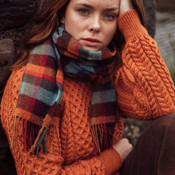 Lambswool Scarf - Orange, Teal and Denim Small Block Check - John Hanly - on model