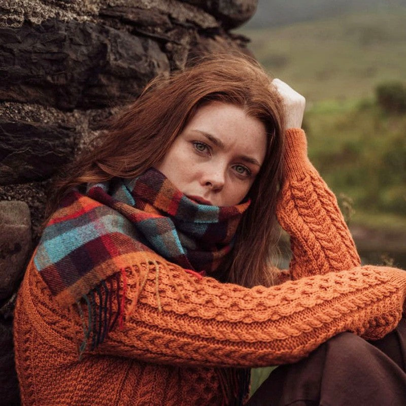 Lambswool Scarf - Orange, Teal and Denim Small Block Check - John Hanly - on model