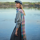 Lambswool Scarf - Purple, Heather, Green and Blue Block Check - John Hanly - on model