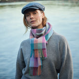 Lambswool Scarf - Purple, Heather, Green and Blue Block Check - John Hanly - on model