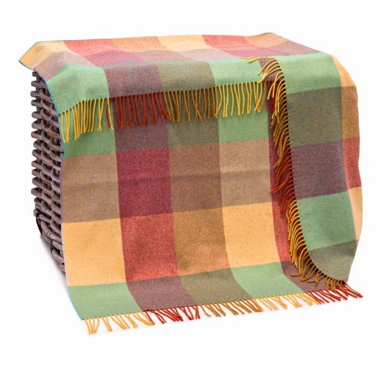 Lambswool Throw - Yellow, Green, Beige and Orange Block Check - John Hanly