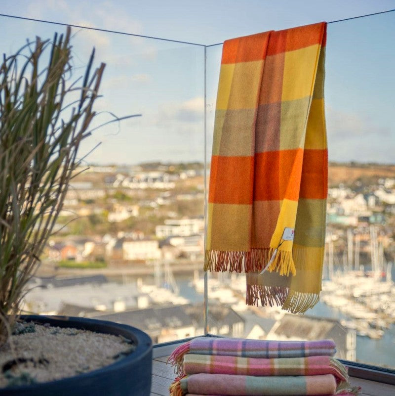 Lambswool Throw - Yellow, Orange and Mustard Block Check - John Hanly - lifestyle