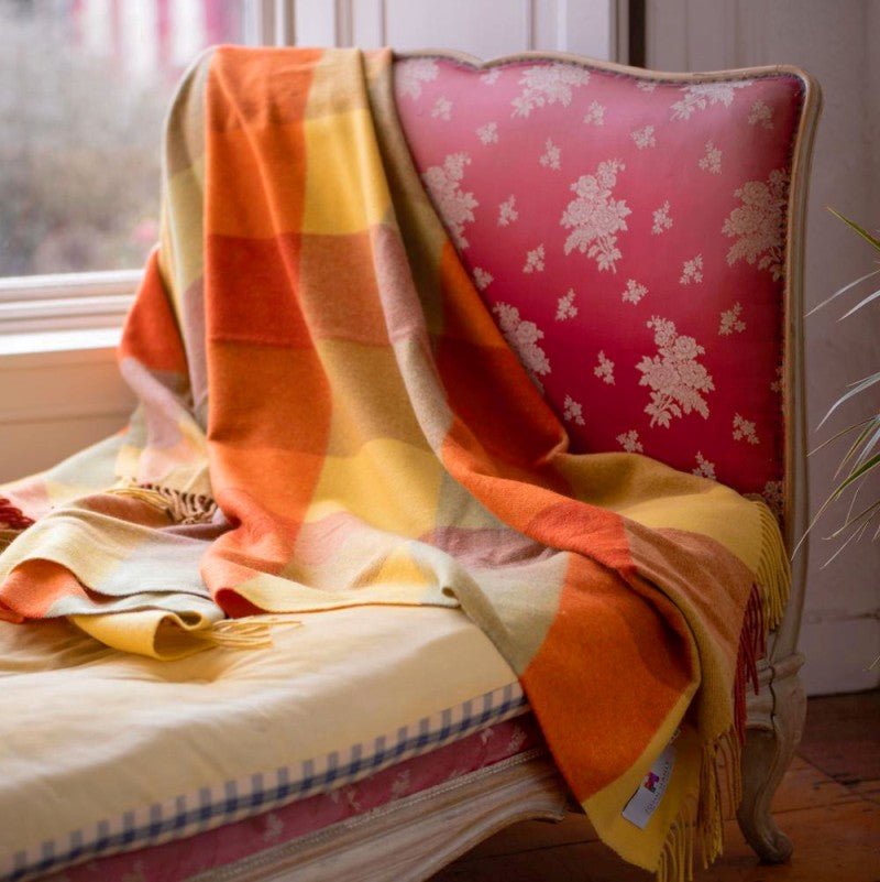 Lambswool Throw - Yellow, Orange and Mustard Block Check - John Hanly - lifestyle