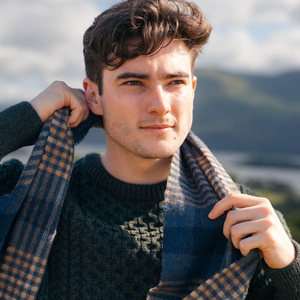 Lambswool Scarf - Denim, Navy and Beige Block - John Hanly - on model