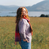 Lambswool Scarf - Purple, Red and Brown Block - John Hanly - on model 3