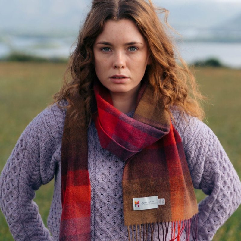 Lambswool Scarf - Purple, Red and Brown Block - John Hanly - on model 2