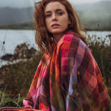 Lambswool Throw - Pink Peony, Viola and Orange Check - John Hanly - wrapped on model