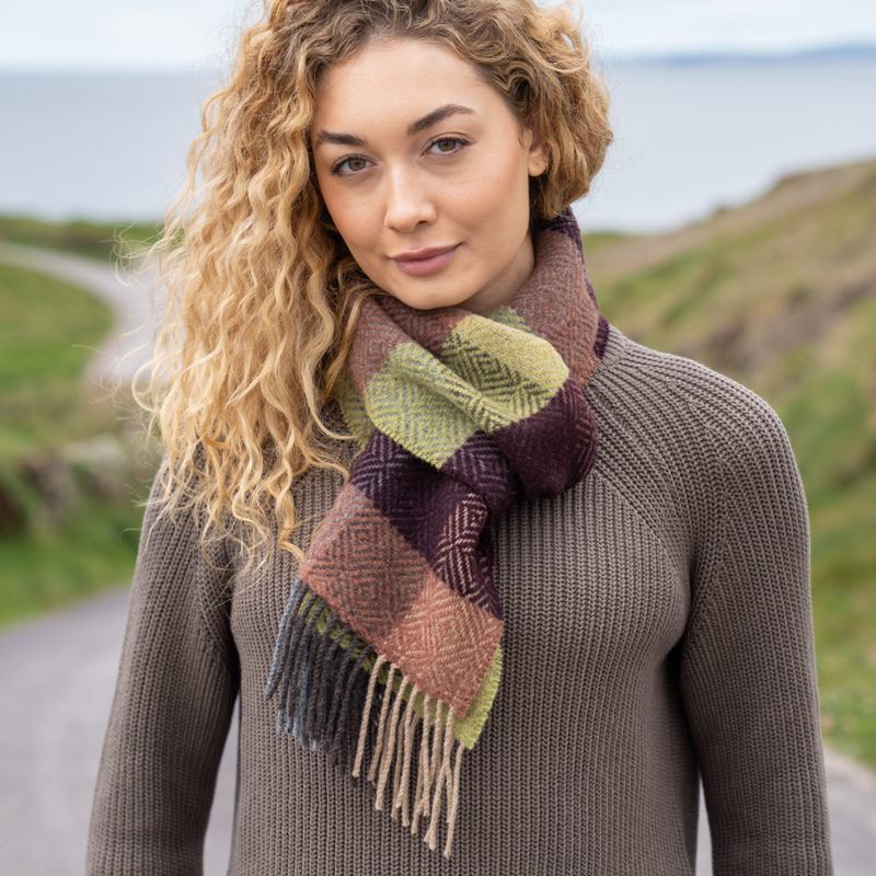 Merino and Cashmere Scarf - Green, Wine and Clay Diamond Check - John Hanly - on model