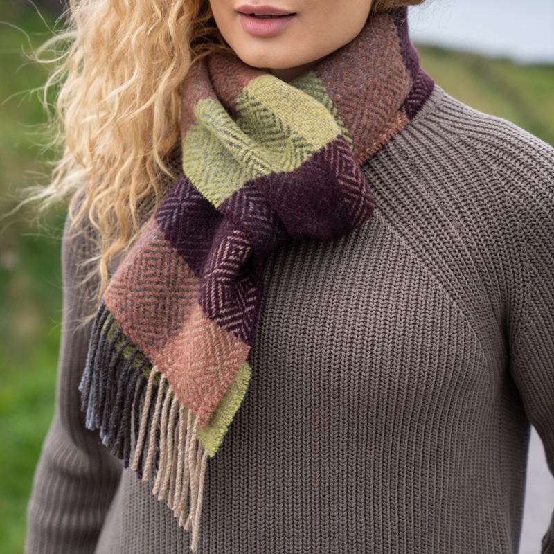 Merino and Cashmere Scarf - Green, Wine and Clay Diamond Check - John Hanly - on model, close up