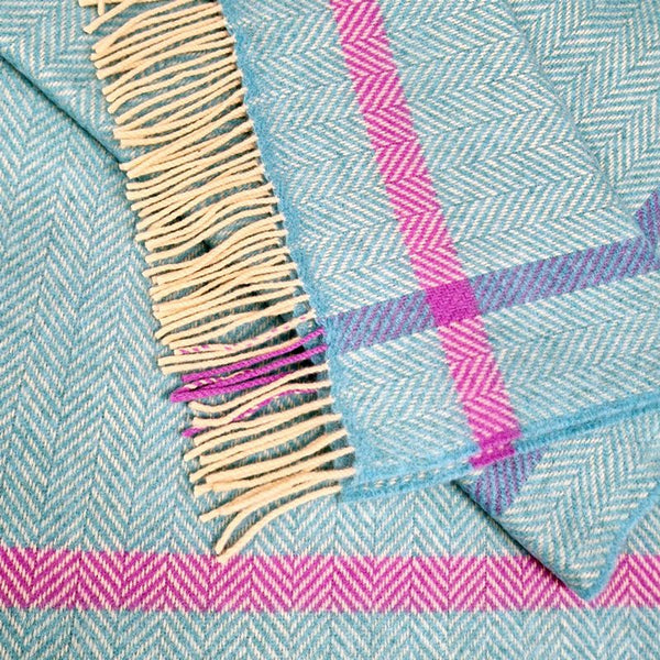 Merino and Cashmere Throw – Aqua, Cream and Purple Herringbone - John Hanly