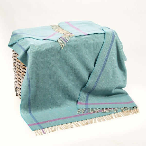 Merino and Cashmere Throw – Aqua, Cream and Purple Herringbone - John Hanly