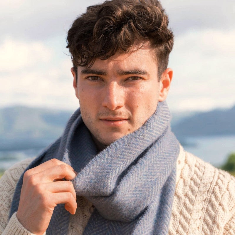 Merino and Cashmere Scarf - Blue and Light Grey Herringbone - John Hanly - on model