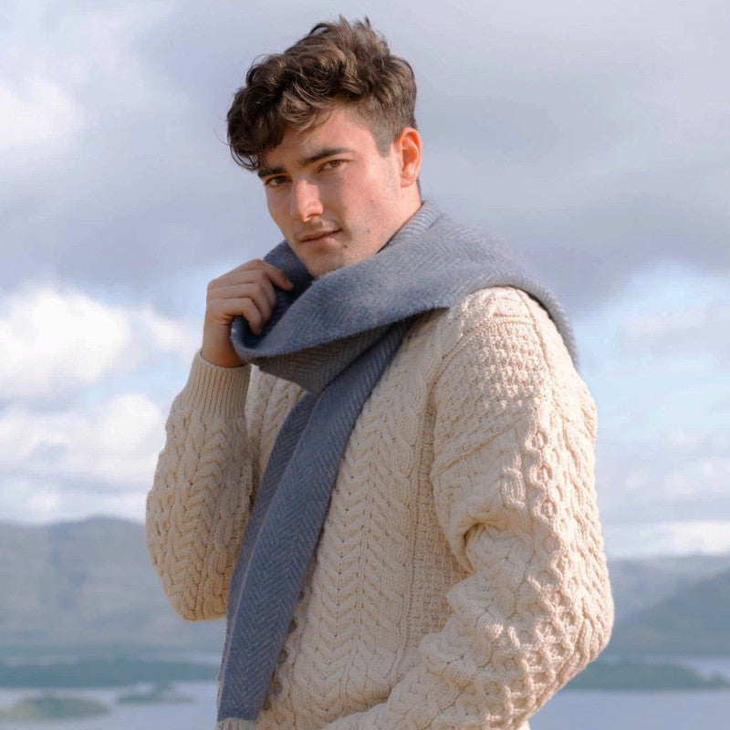 Merino and Cashmere Scarf - Blue and Light Grey Herringbone - John Hanly - on model