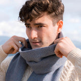 Merino and Cashmere Scarf - Blue and Light Grey Herringbone - John Hanly - on model