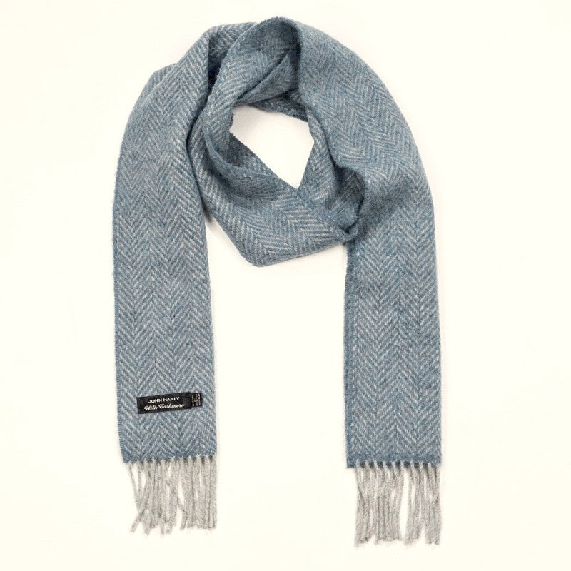 Merino and Cashmere Scarf - Blue and Light Grey Herringbone - John Hanly