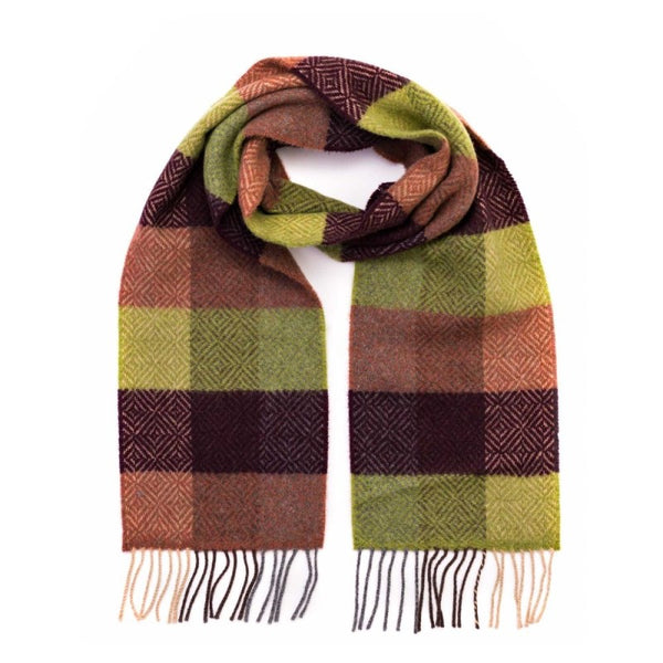 Merino and Cashmere Scarf - Green, Wine and Clay Diamond Check - John Hanly