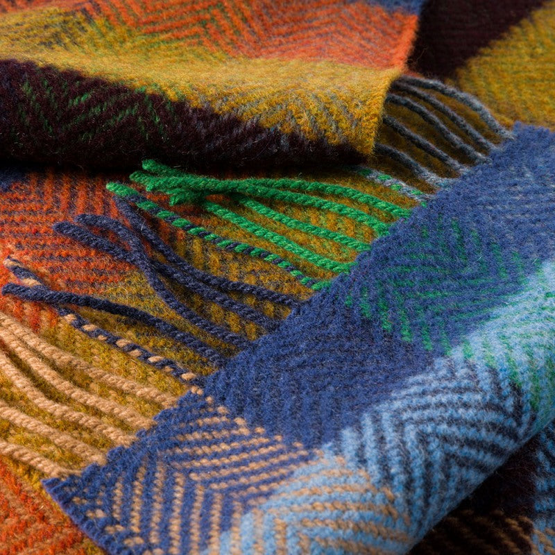 Merino and Cashmere Scarf -Mustard, Orange and Blue Herringbone Block - John Hanly - detail