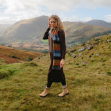 Merino and Cashmere Scarf -Mustard, Orange and Blue Herringbone Block - John Hanly - on model