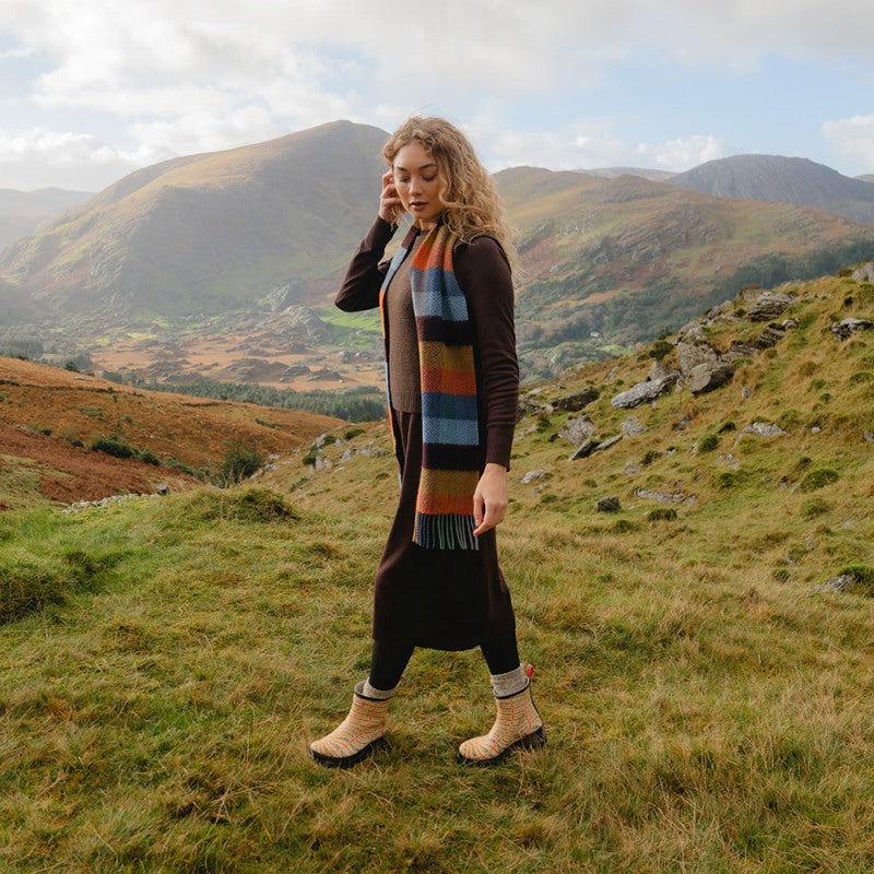 Merino and Cashmere Scarf -Mustard, Orange and Blue Herringbone Block - John Hanly - on model
