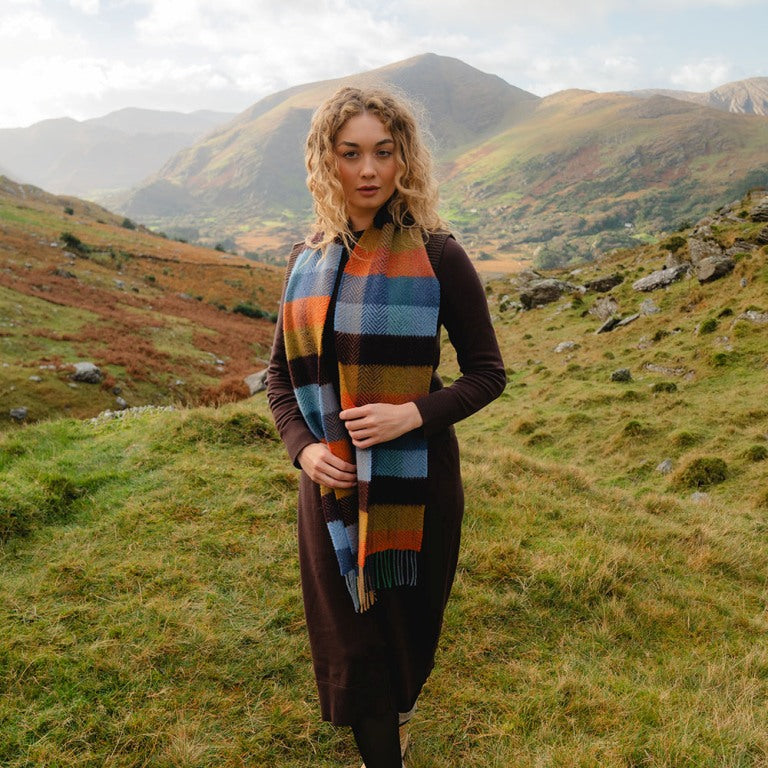 Merino and Cashmere Scarf -Mustard, Orange and Blue Herringbone Block - John Hanly - on model