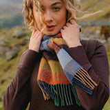 Merino and Cashmere Scarf -Mustard, Orange and Blue Herringbone Block - John Hanly - on model