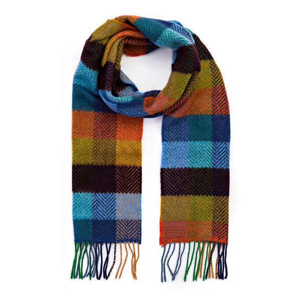 Merino and Cashmere Scarf -Mustard, Orange and Blue Herringbone Block - John Hanly