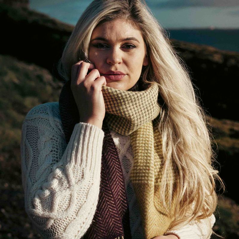 Merino and Cashmere Scarf - Mustard, gold, clay and wine Herringbone - John Hanly - on model 2