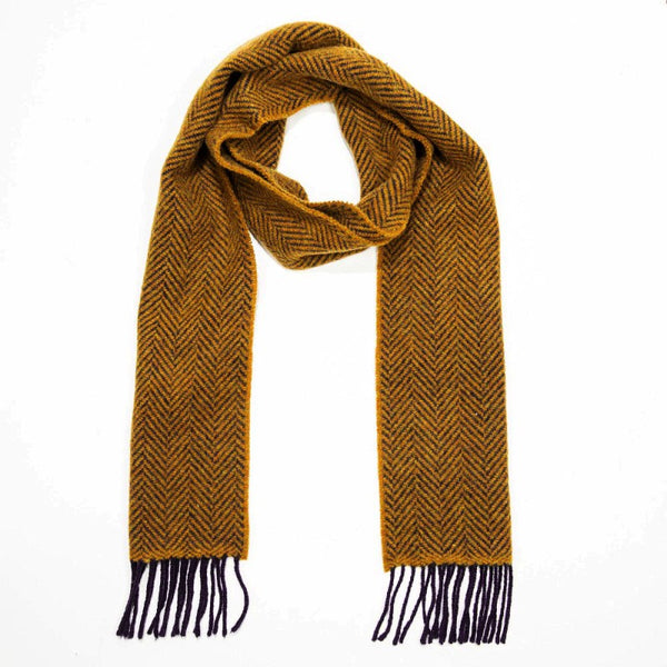 Merino and Cashmere Scarf - Mustard and Dark Aubergine Herringbone - John Hanly