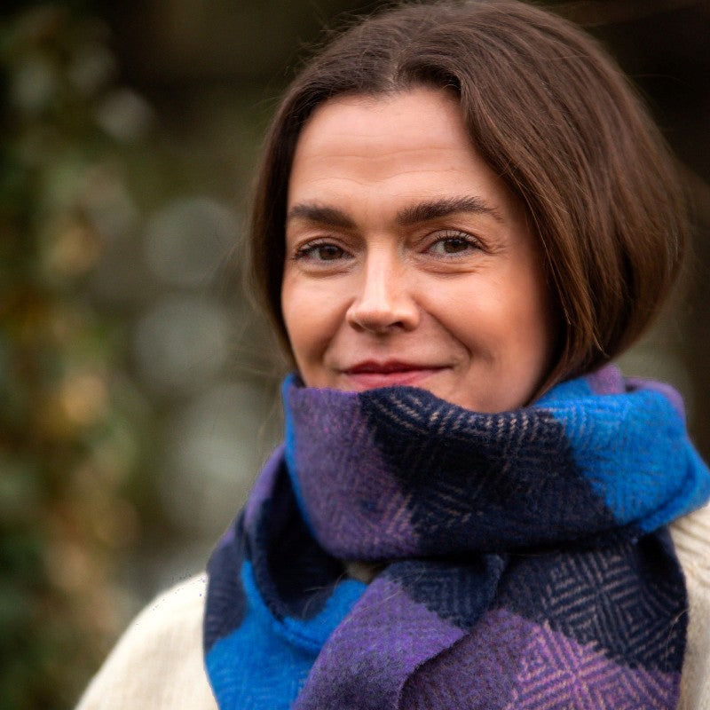 Merino and Cashmere Scarf - Navy, Cobalt and Purple Diamond Check - John Hanly - on model