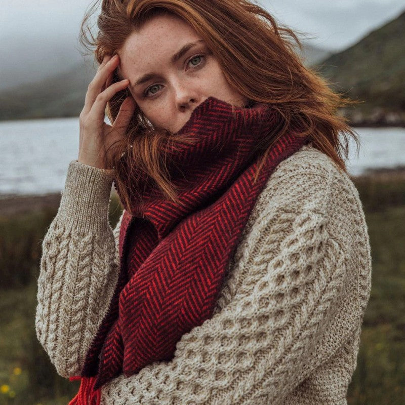 Merino and Cashmere Scarf - Red and Maroon Herringbone - John Hanly - on model