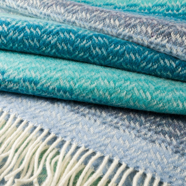 Merino and Cashmere Throw - Aqua, Teal, Denim Blue Diffused Stripe Textured Twill - John Hanly - detail