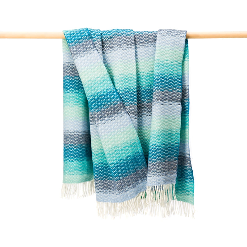 Merino and Cashmere Throw - Aqua, Teal, Denim Blue Diffused Stripe Textured Twill - John Hanly