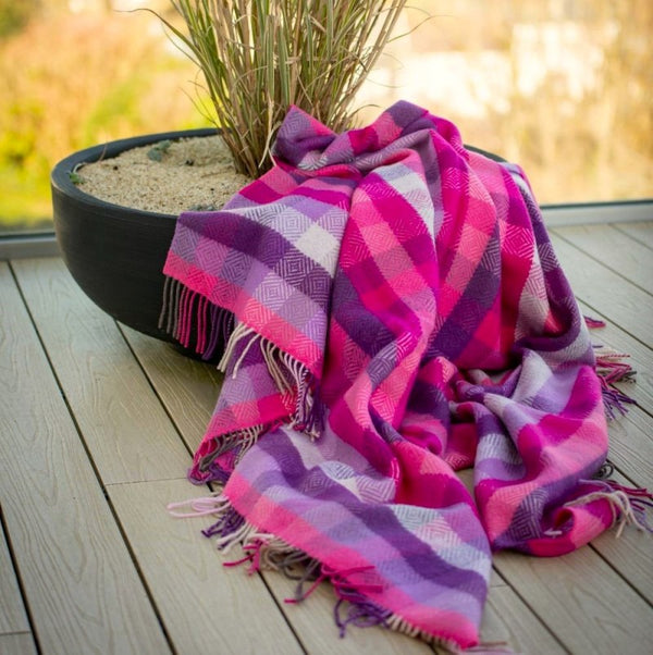 Merino and Cashmere Throw – Pink, Mauve, Purple Diamond Weave - John Hanly - lifestyle