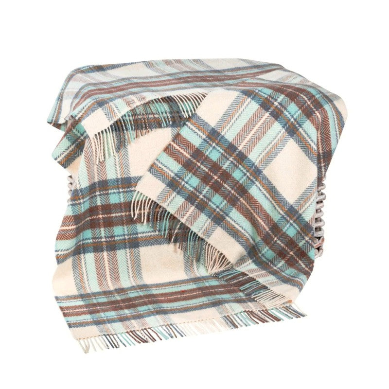 Merino and Cashmere Throw – White, Aqua and  Rust Plaid - John Hanly