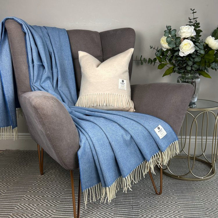 Merino Lambswool Throw - Cornflower Herringbone - McNutt of Donegal